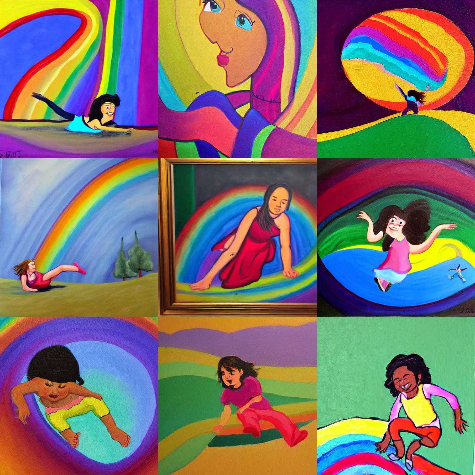 Prompt: a girl sliding down a rainbow. painting by j. g. quintel.