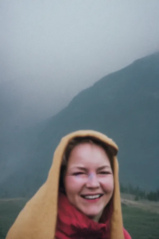 Image similar to film still, extreme close-up, woman smile, fog, mountains in distance, 35mm