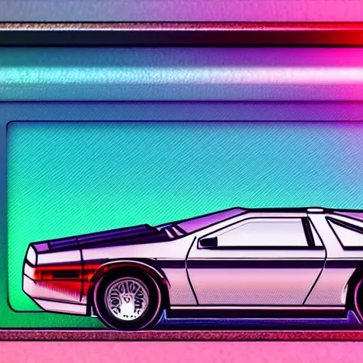 Image similar to miami beach sunset vapor wave palm trees 80s synth retrowave delorean close up ultra detail contrast specular metal car door details realistic render parts chrome