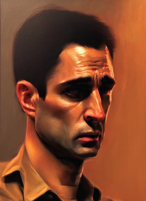 Prompt: realistic portrait of travis bickle from taxi driver, trending on artstation, low angle oil painting and composition laws, cinematic lighting, hyperdetailed, cgsociety, 8 k