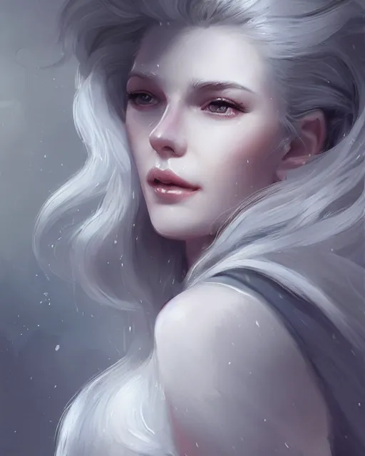 Prompt: portrait of a beautiful snow goddess, flowy white grey hair, grey eyes, cinematic lighting, highly detailed, digital painting, trending on artstation, pixiv, concept art, sharp focus, illustration, art by ross tran and wlop