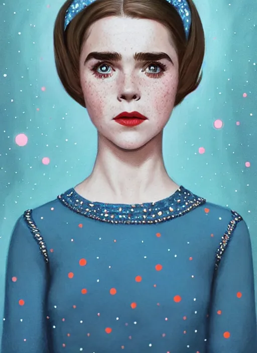 Image similar to portrait of kiernan shipka with freckles, white hair, big 1 9 6 0 s bob hairstyle with bangs and hairband, blue 1 9 6 0 s dress, intricate, elegant, glowing lights, highly detailed, digital painting, artstation, concept art, smooth, sharp focus, illustration, art by wlop, mars ravelo and greg rutkowski