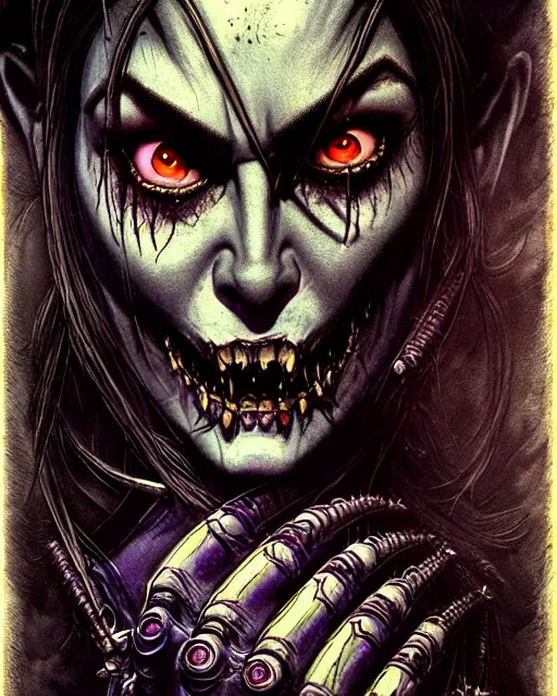Prompt: widowmaker from overwatch, monster, character portrait, portrait, close up, concept art, intricate details, highly detailed, 1 9 8 0 s horror movie poster, horror, vintage horror art, realistic, terrifying, in the style of marc schoenbach, and gustave dore