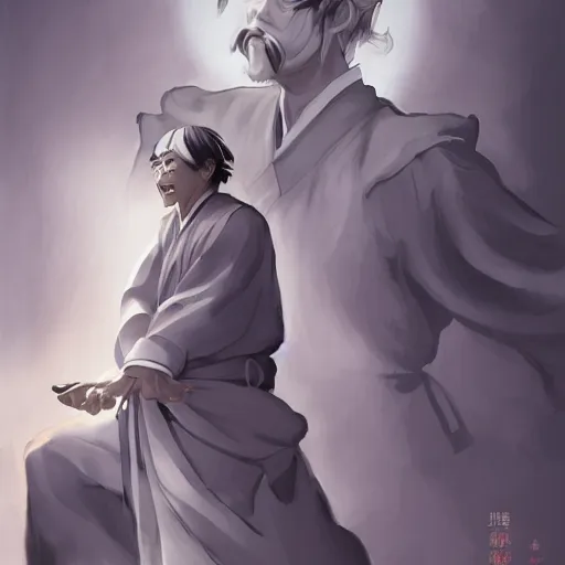 Prompt: photography of a smiling middle aged taoist priest in grey looks like zun long, anime waifu style character, clean soft lighting, backlit handsome face, clean brush stroke, 8 k character concept art, by wlop and artgerm, 3 d, yoji shinkawa