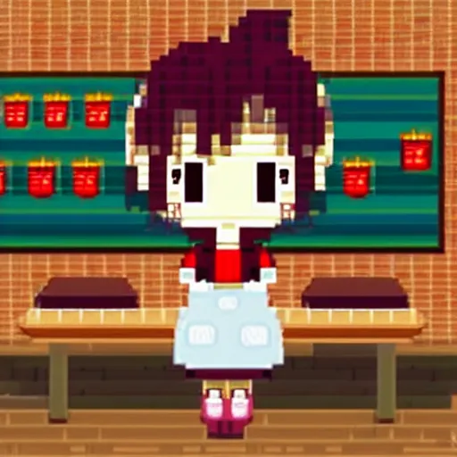 Prompt: #pixelart cute anime girl in ramen cafe, hd