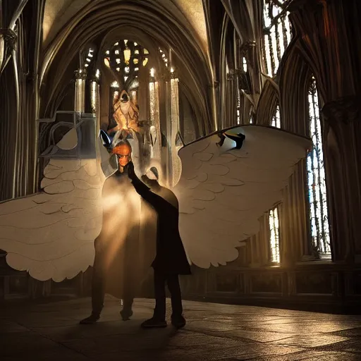 Prompt: angel protecting man who is praying inside a gothic church, studio light, 4K highly detailed, realistic style, playing with with light and dark