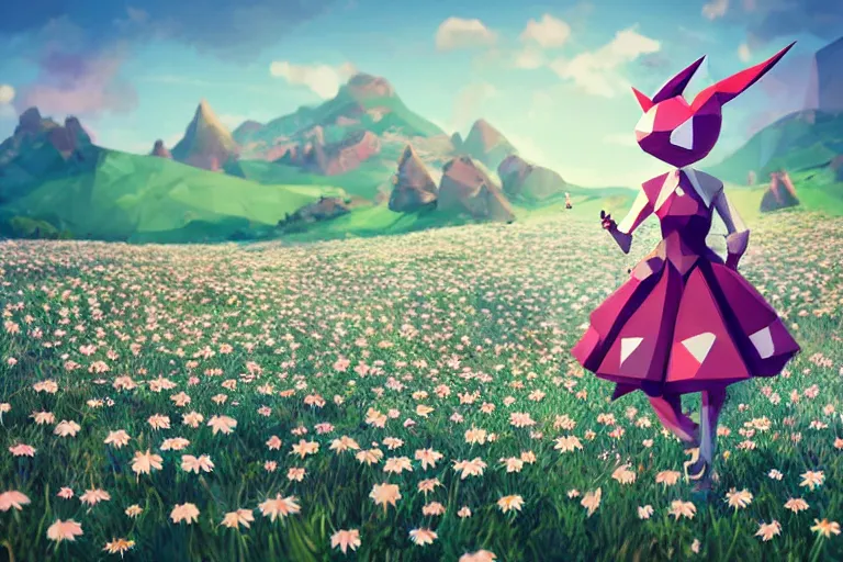 Prompt: ( ( low poly ) ) ( playstation ) running ( ( anthropomorphic ) ) ( ( lurantis ) ) ( maid ) wearing a hat ( standing ) in a ( field of daisies ), mount coronet in the distance digital illustration by ruan jia on artstation