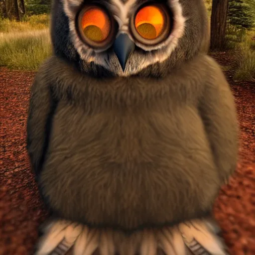 Image similar to A large magical beast called an Owlbear, the beast has the body of a bear and the head of an owl, 8k, ultra realistic, professional photography