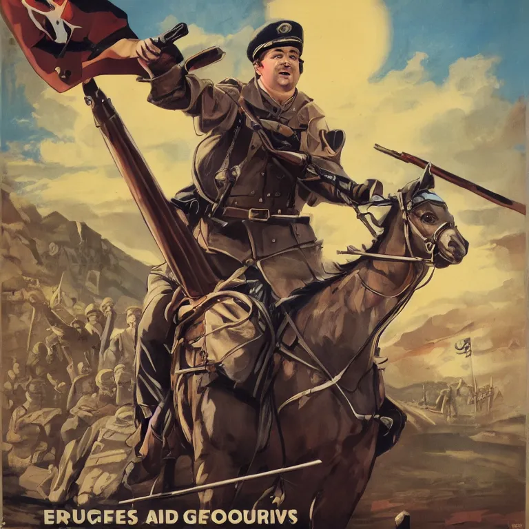 Image similar to propaganda poster rich evans holding a gun riding a chariot, 8 k, tredning on artstation