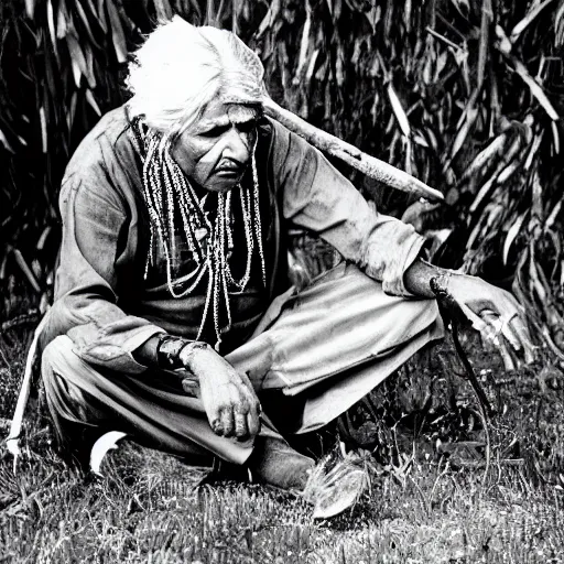 Image similar to elderly Indian Don Juan is sitting in a field with peyote and smoking a pipe , a raven walks next to him