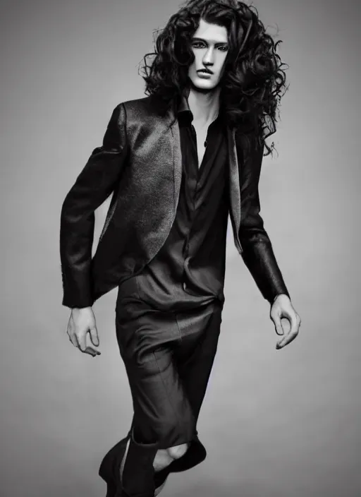 Image similar to a male model in black designer clothes ; long curly hair ; high fashion ; editorial look ; unreal engine