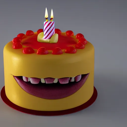 Prompt: birthday cake shaped like screaming chucky doll, octane render, centered