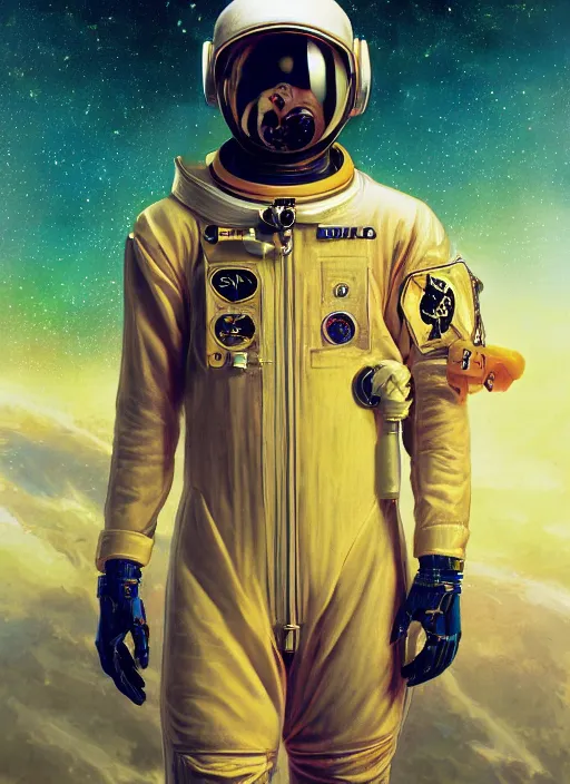 Image similar to ali g astronaut jumpsuit, helmet removed, the expanse, sci fi, futuristic, detailed illustration, digital art, trending on artstation, soft ambient lighting, volumetric lighting, rim lighting, yoshitaka amano, alphonse mucha, arney freytag, maxfield parrish, new art nouveau