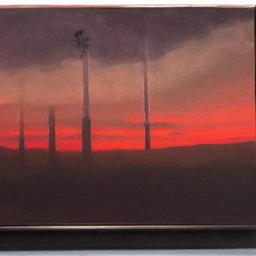 Prompt: “dramatic painting of industrial smokestacks piercing a layer of black clouds, with a background of red clouds lit by a sunset, in the style of the Hudson River school”