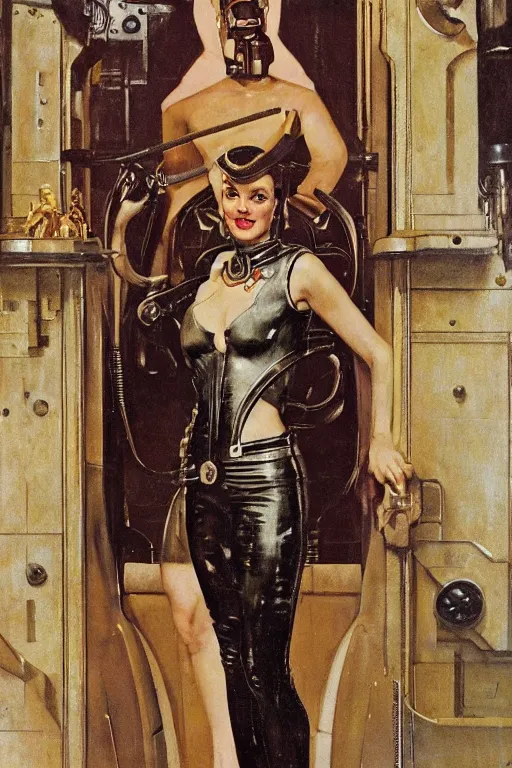 Image similar to 5 0 s pulp scifi fantasy illustration full body portrait slim mature woman in leather spacesuit in palace throne room, by norman rockwell, roberto ferri, daniel gerhartz, edd cartier, jack kirby, howard v brown, ruan jia, tom lovell, frank r paul, jacob collins, dean cornwell, astounding stories, amazing, fantasy, other worlds