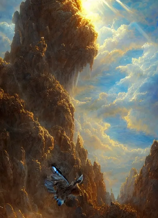 Prompt: the angel of light, feathered wings, clouds, joy, a beautiful matte painting trending on artstation, james gurney and thomas kincade, hyperdetailed