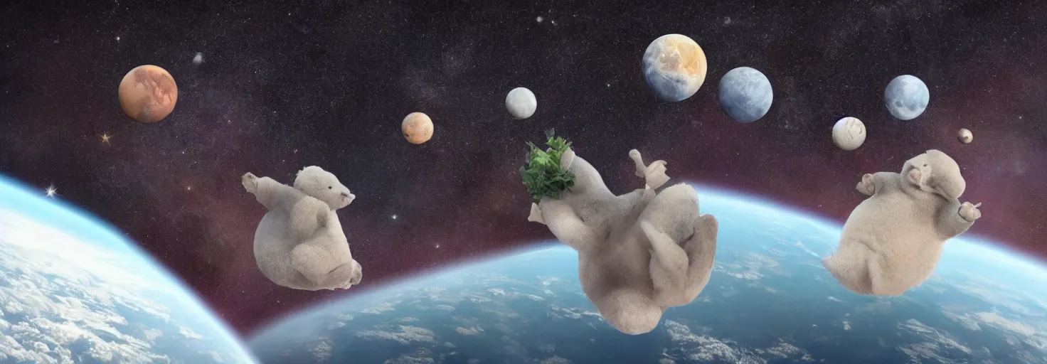 Image similar to photo of big chungus floating in space