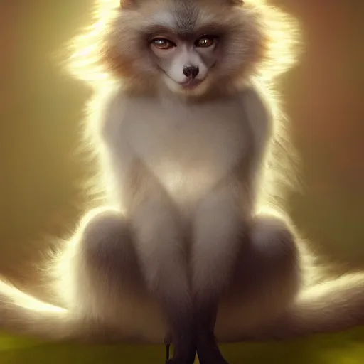 Prompt: fox as a monkey as a cat, fluffy white fur, extremely long tail, award winning creature portrait photography, extremely detailed, artstation, 8 k, sensual lighting, incredible art, wlop, artgerm