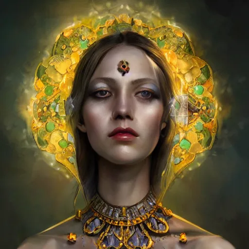 Image similar to realistic character concept, the empress with lots of jewelry and yellow and purple flowers in the face, elegant pose, scifi, illustration, slender symmetrical face and body, artstation, cinematic lighting, hyperdetailed, 8 k, high resolution, charlie bowater, tom bagshaw, insanely detailed and intricate, elegant, dark fractal background, vfx, art deco, postprocessing