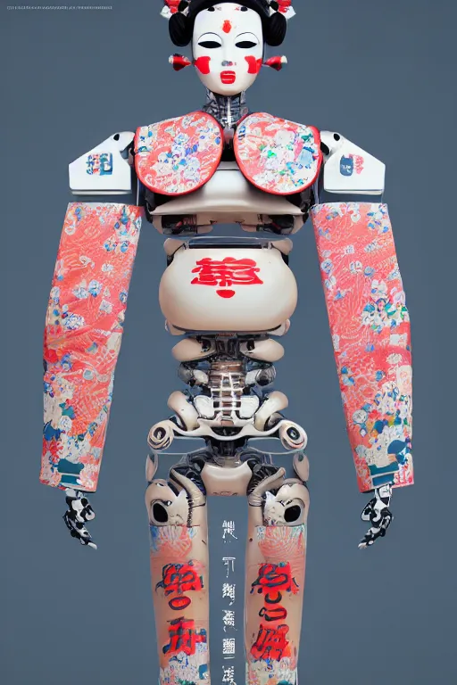 Image similar to full body portrait of a japanese robot geisha with kanji tattoos and decals wearing a digital pixelated kimono, intricate design, photorealistic, octane render, raytraced, ultra fine detailed, character design, trending on artstation