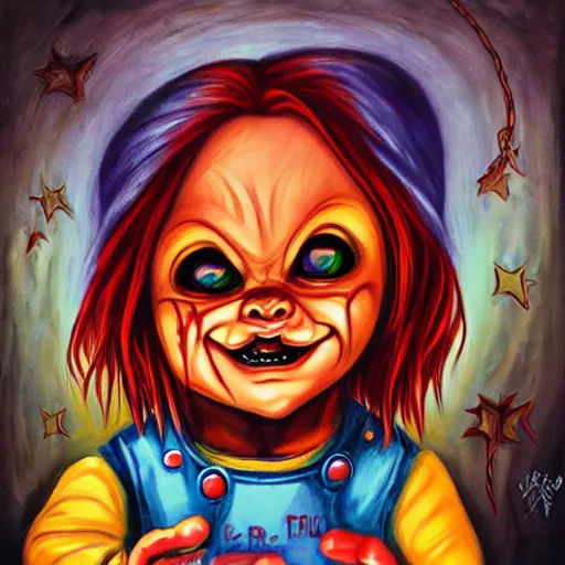 Image similar to painting of chucky by jeremiah ketner | horror themed | creepy