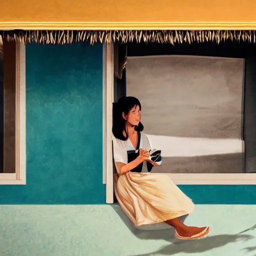 Image similar to a thin, pretty young Filipino woman sits near the window of a cute seaside Cafe with an espresso, golden morning light, cozy, tropical plants, still from Spirited Away