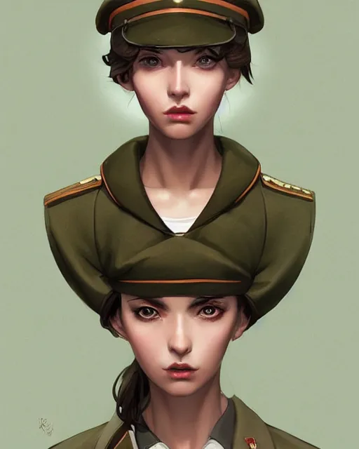 Prompt: symmetrical portrait bust of young woman with shoulder length light brown hair and hazel eyes dressed in a sharp dark teal military uniform and beret, anime, ilya kuvshinov, greg rutkowski, guweiz, ross tran, loish, svetlana tigai, artgerm, artstation trending, concept art, digital painting