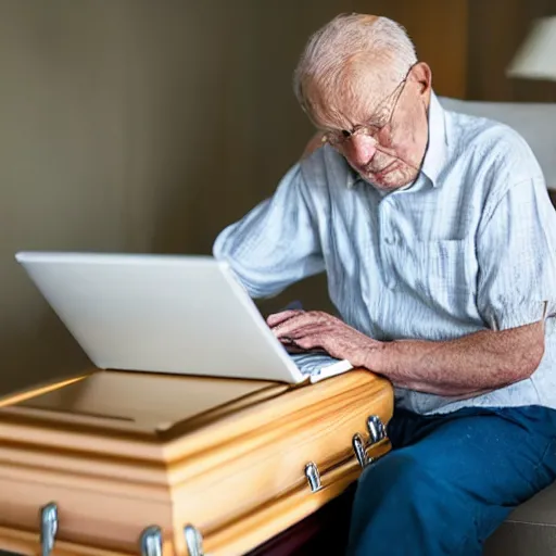 Image similar to elderly man sitting inside a casket browsing internet on laptop from a casket casket, award winning photo