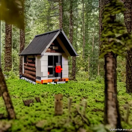 Prompt: a Eerie cabin in the middle of the woods made out of lego