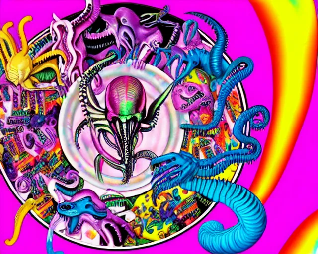 Prompt: lisa frank's xenomorph buffet