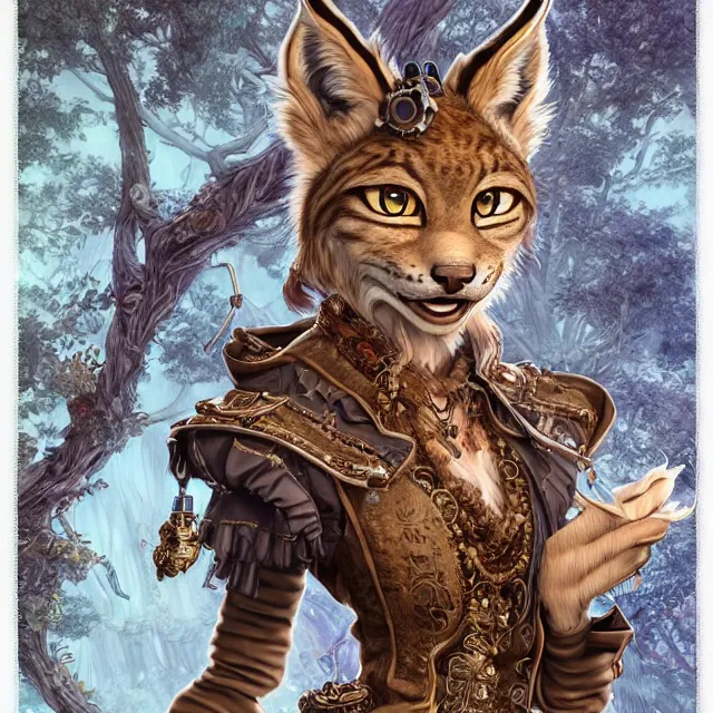 Image similar to the portrait of anthropomorphic lynx fursona wearing a steampunk dress as unimaginably beautiful, gorgeous, elegant, young lynx, an ultrafine hyperdetailed illustration by kim jung gi, irakli nadar, intricate linework, bright colors, octopath traveler, final fantasy, unreal engine 5 highly rendered, global illumination, radiant light, detailed and intricate environment