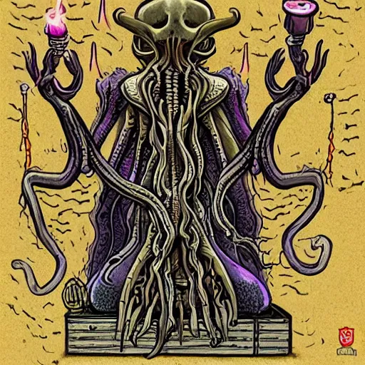 Prompt: ilithid mindflayer with headphones playing synthesizers, D&D, sigils, glowing candles,