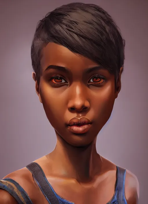 Image similar to An epic fantasy comic book style portrait painting of a young dark skinned girl with short hair dressed as a boy, unreal 5, DAZ, hyperrealistic, octane render, cosplay, RPG portrait, dynamic lighting