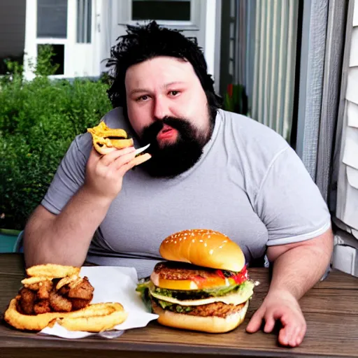 Image similar to overweight 2 0 year old with messy black hair and big beard eating burgers and chicken nuggets on his back porch table