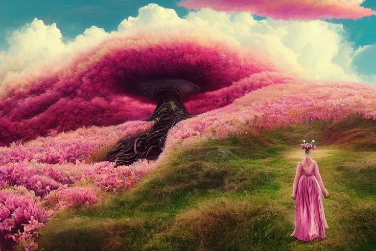 Prompt: giant dahlia flower crown as head, girl walking on mountain, surreal photography, pink storm clouds, dramatic light, impressionist painting, digital painting, artstation, simon stalenhag