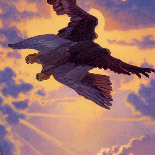 Prompt: a realistic oil painting of a winged lion's body with an eagle!! head, at sunset with a sky full of stars, highly detailed, trending on artstation, by james gurney and michael whelan and krenz cushart and alphonse mucha