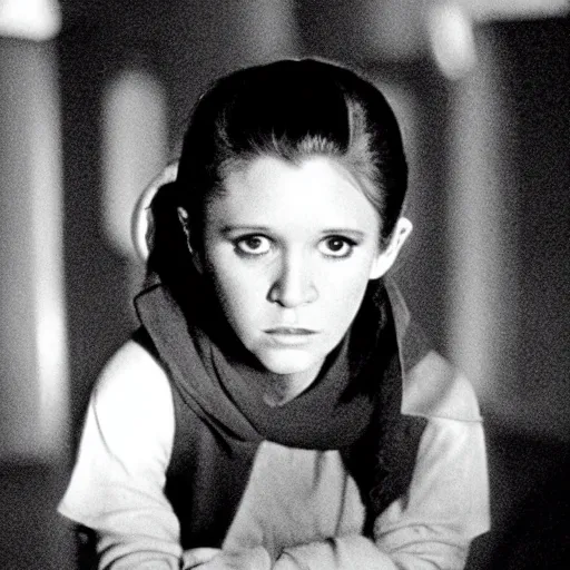 Image similar to film still of carrie fisher as a kid in new star wars movie, dramatic lighting, highly detailed face, kodak film, wide angle shot,