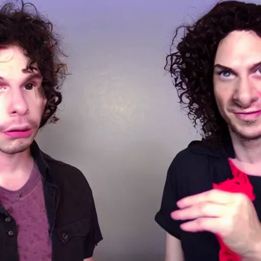 Image similar to a photo of dan avidan and arin hanson in the backrooms, horror, hd, 4 k, soft vignette