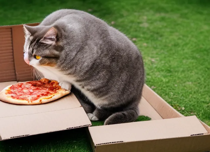 Image similar to photo of a very fat cat chewing pizza inside a cardboard box. nikon d 8 5 0 5 5 mm.