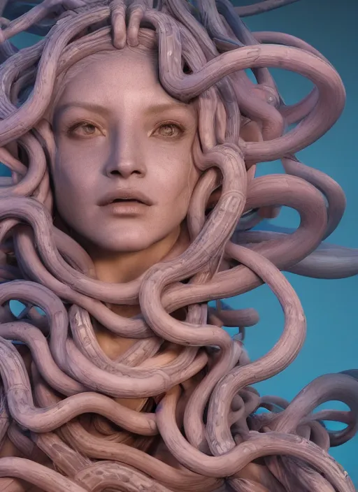 Image similar to medusa made of soft wax, wooden art nouveau swirls, strong subsurface scattering, cables, tubes, subsurface scattering, in the style of ruan jia and pascal blanche and giger, subsurface scattering, mystical colors, rim light, dramatic lighting, 8 k, stunning scene, raytracing, octane render, trending on artstation