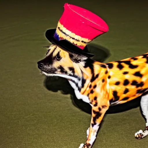 Prompt: A photo of the world's greatest showman: the african painted dog dressed in a hat!