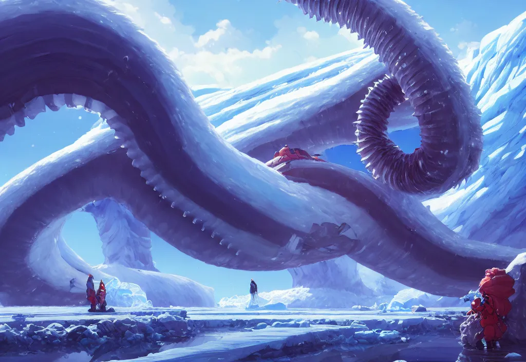 Image similar to a giant ice worm on a glacier, intricate oil painting, high detail illustration, sharp high detail, manga and anime 1 9 9 9, official fanart behance hd artstation by jesper ejsing and makoto shinkai, 4 k,