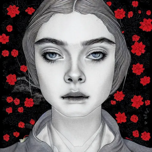 Image similar to professional painting of Elle Fanning in the style of Takato Yamamoto, head and shoulders portrait, symmetrical facial features, smooth, sharp focus, illustration, intricate, stormy weather, extremely detailed masterpiece,