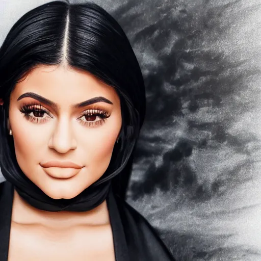 Image similar to kylie jenner wearing black robe and golden necklace cinematic photoshoot high quality highly affordable photo realistic 8 k hd