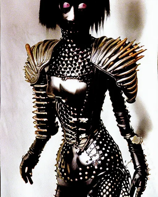 Image similar to portrait of a skinny punk goth yayoi kusama wearing armor by simon bisley, john blance, frank frazetta, fantasy, thief warrior