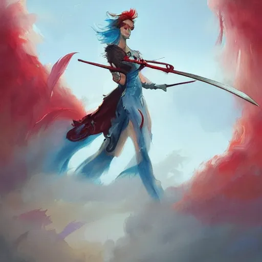 Image similar to a painting of a woman holding a sword, a digital painting by peter mohrbacher, trending on artstation, metaphysical painting, speedpainting, made of feathers, digital painting, painting made of feathers mist and cloud, the woman made of curly silk with red edges