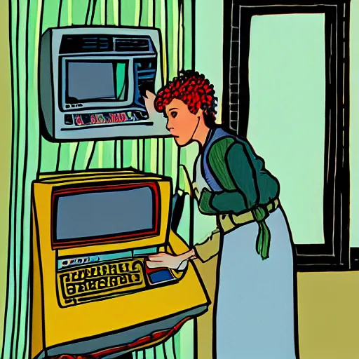Image similar to illustration of Punky Brewster programming a 1980s desktop computer by Elsa Beskow