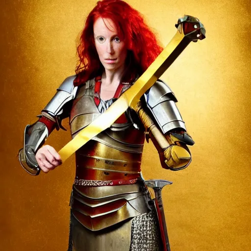 Prompt: a tall, red - haired female knight wearing golden armor and left arm golden prothesis, longer than her right arm. she wields a long golden blade