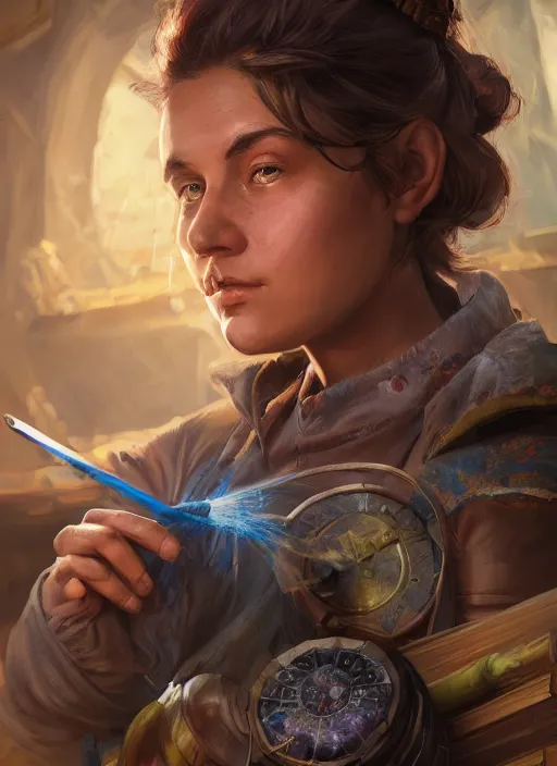 Prompt: An epic fantasy comic book style portrait painting of a young tinker girl working on a device in her workshop in the style of the wheel of time, unreal 5, DAZ, hyperrealistic, octane render, cosplay, RPG portrait, dynamic lighting