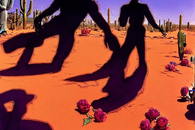 Image similar to a hyperrealist watercolour character concept art portrait of shadow figure, there is a strange light in the sky, utah desert highway. roses. neon lights. cactus. by rebecca guay, michael kaluta, charles vess and jean moebius giraud